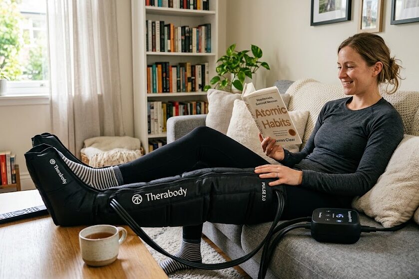 Athlete relaxing during compression therapy session