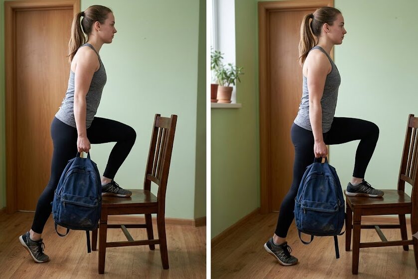 Home quad workout using a chair and weighted backpack