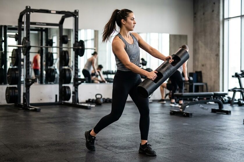 Beginner performing a ViPR rotational exercise with proper form