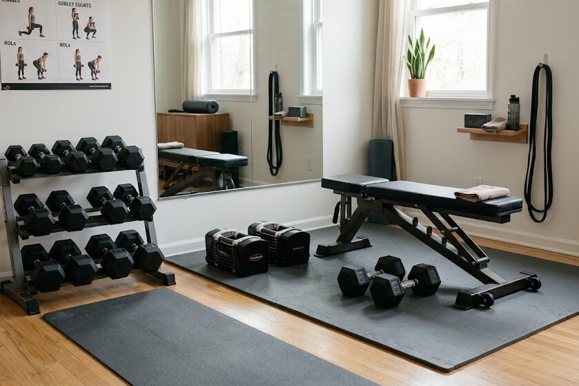 Build home leg workout with dumbbells setup