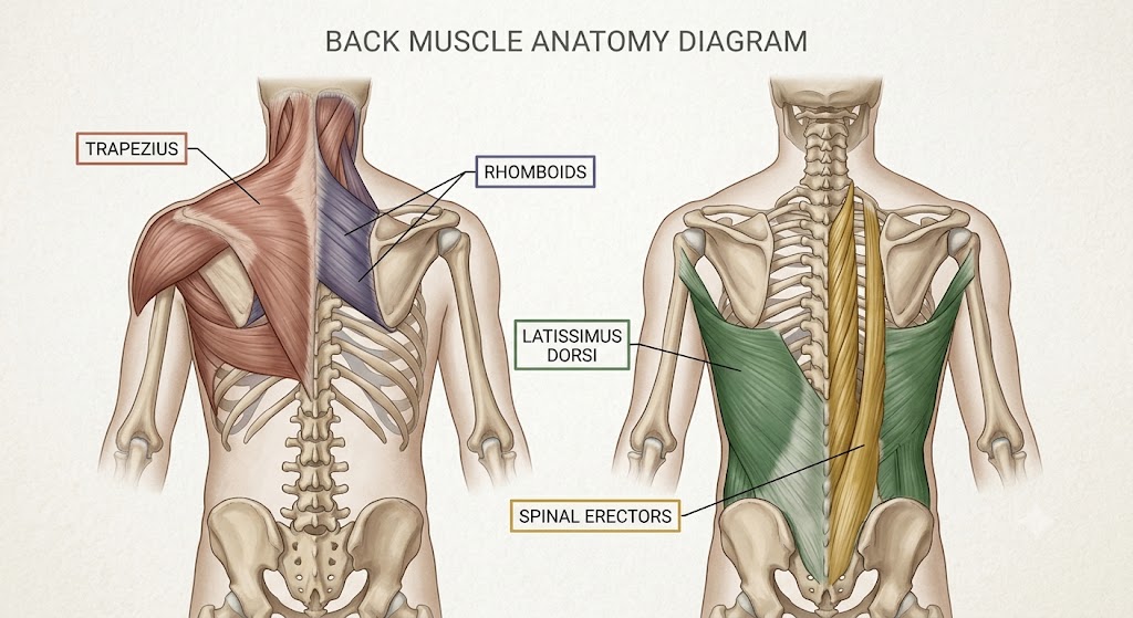 Identify back muscles during back workout training