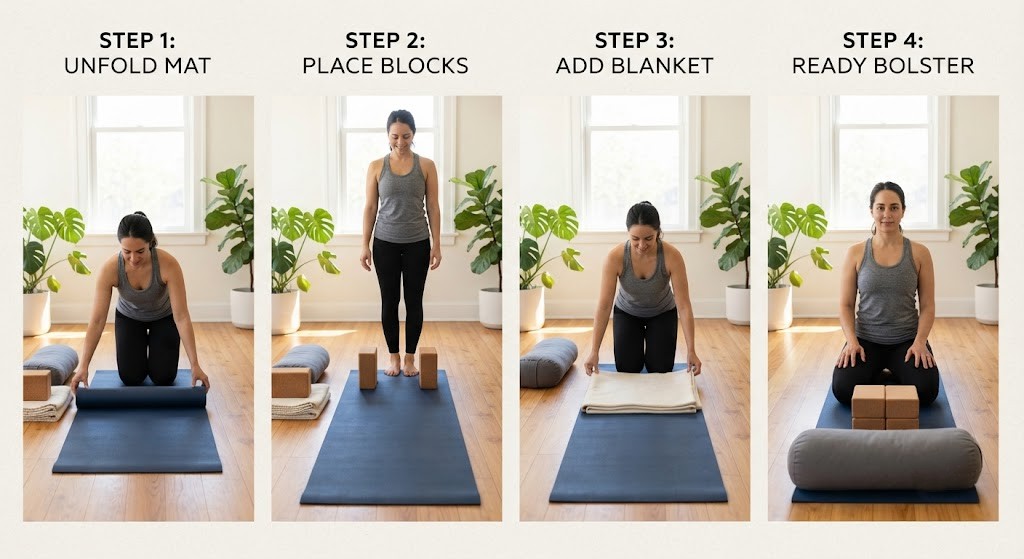 Beginner yoga setup with essential props for menopause yoga