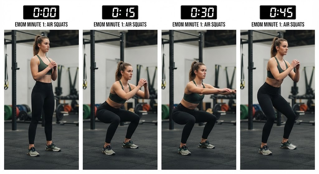 Beginner performing EMOM bodyweight squat