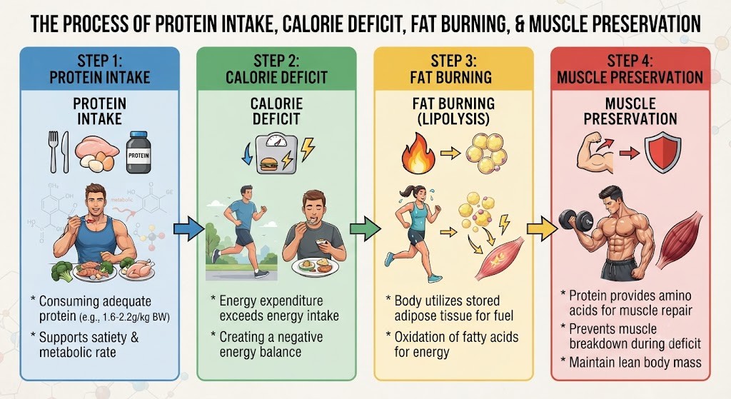 Flowchart showing protein intake leading to calorie deficit, fat burning, and muscle preservation.