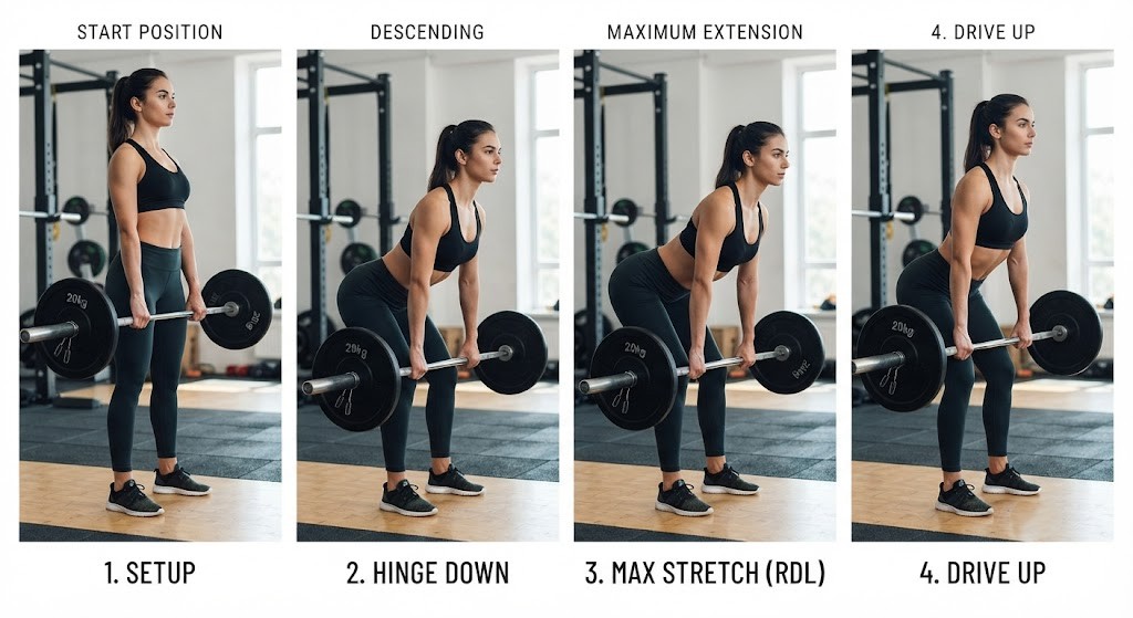 Perform Romanian deadlift with correct hip hinge