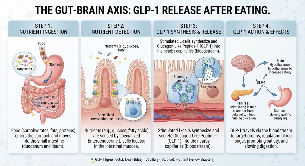 Understand GLP-1 hormone release after meals