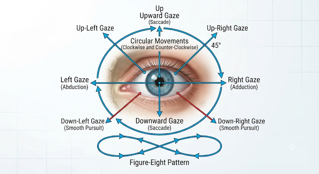 Eye movement directions used during eyesight yoga exercises for relaxation and coordination