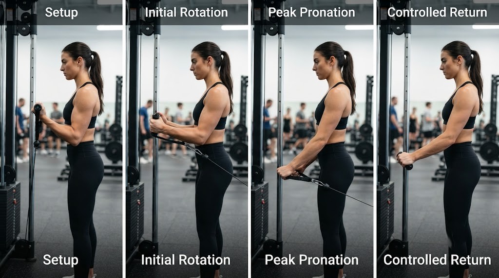 Perform arm wrestler forearm workout using cable pronation