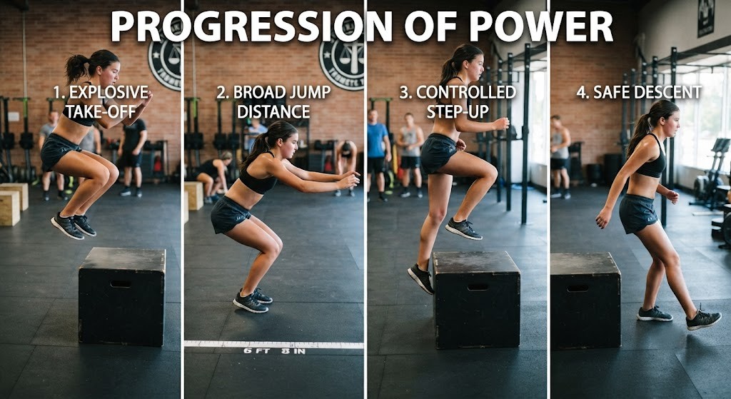 Perform explosive leg workout for athletes using box jumps