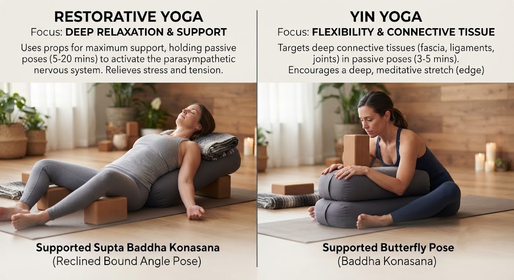 Compare restorative yoga for beginners with Yin Yoga