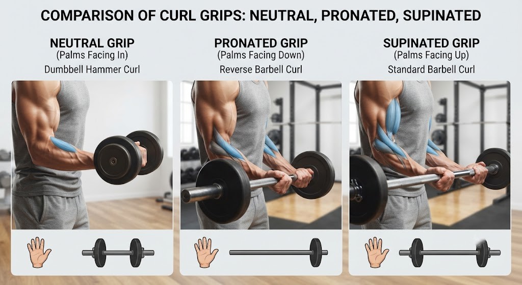 Compare curl grips for brachialis training