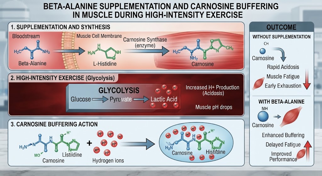 Show how beta-alanine increases muscle carnosine during intense exercise