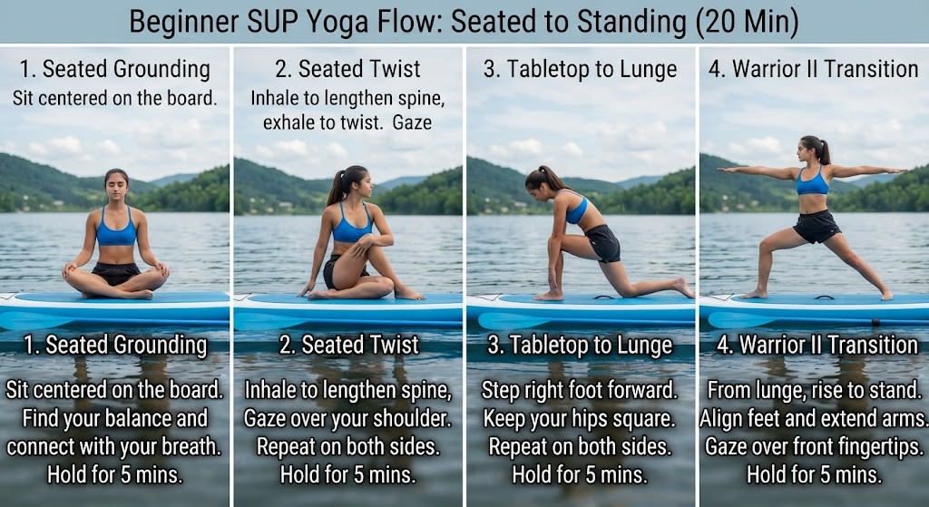 Follow a beginner SUP yoga sequence from easy to standing poses