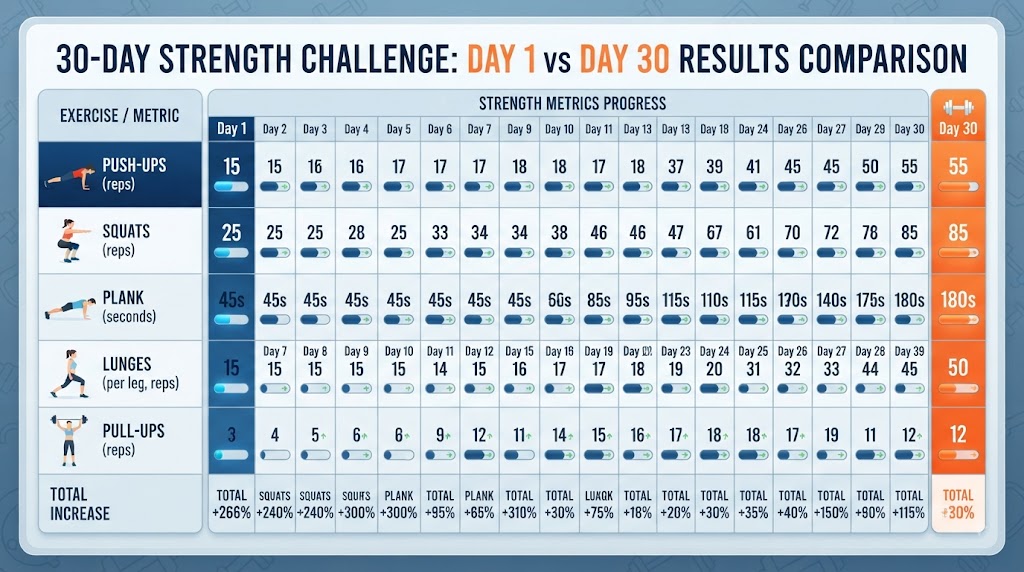 Compare Day 1 and Day 30 muscle-building results