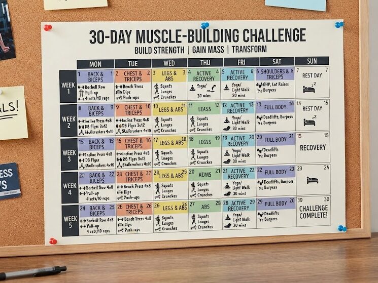 Follow a 30-day muscle-building challenge calendar