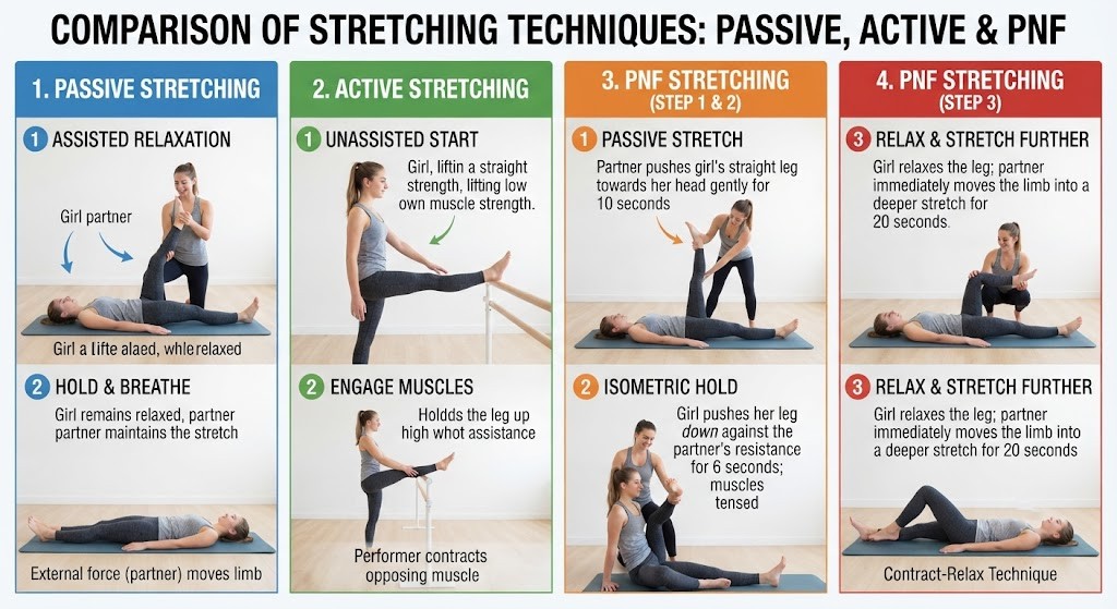 Compare assisted stretching methods visually