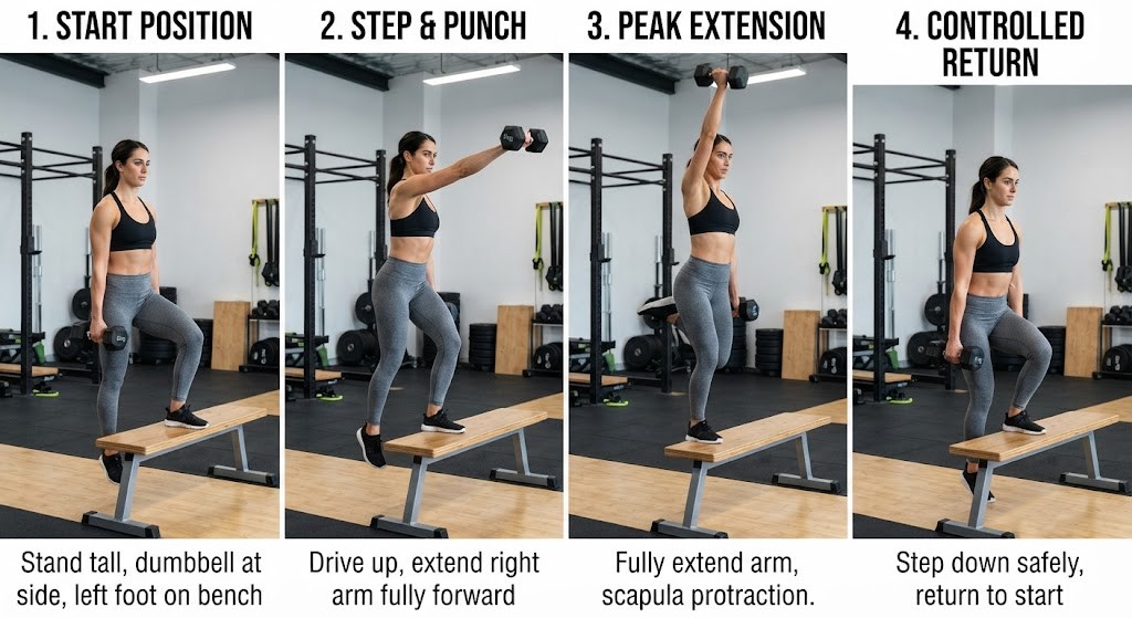 Perform serratus punch exercise with a dumbbell