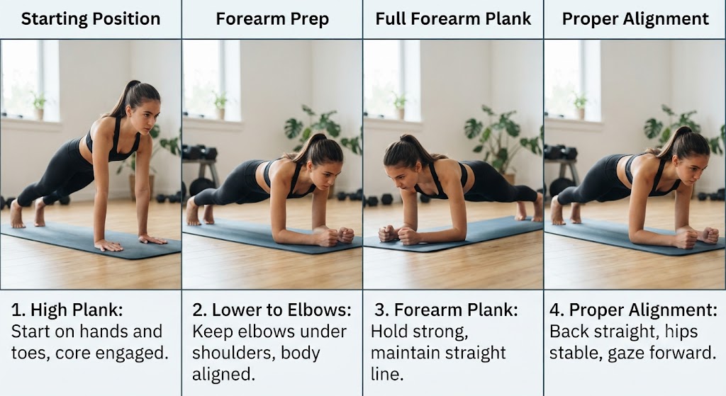 Proper plank position during a full body isometric workout
