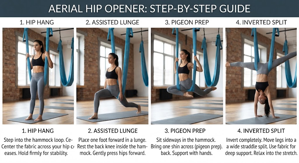 Beginner performing a gentle aerial yoga hip opener with hammock support