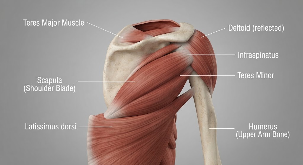 Identify the teres major muscle on the upper back