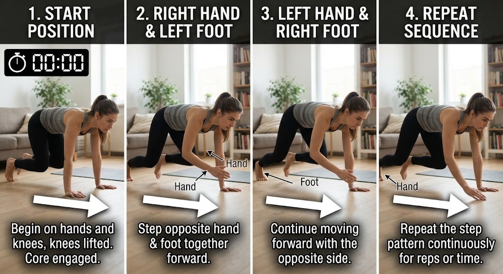 Perform bear crawl workout at home with timed intervals