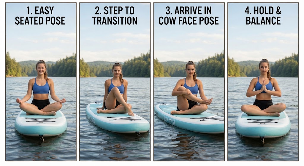 Practice beginner SUP yoga poses on calm water