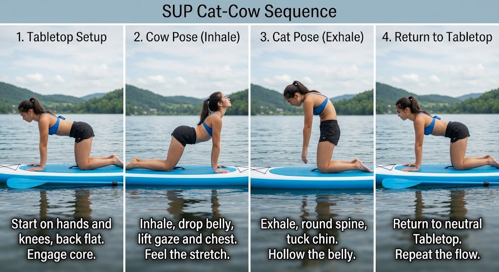 Perform Cat-Cow for beginner SUP yoga balance