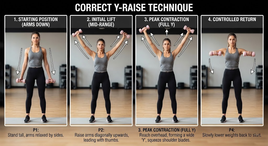 Perform Y-raise with correct arm position and posture