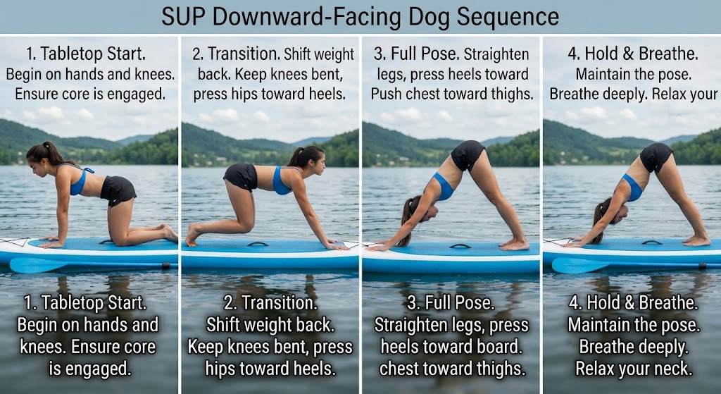 Perform Downward-Facing Dog for beginner SUP yoga