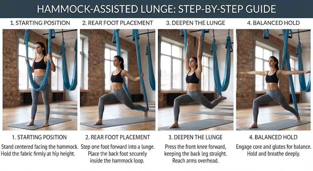 Beginner performing a hammock-assisted lunge during aerial yoga