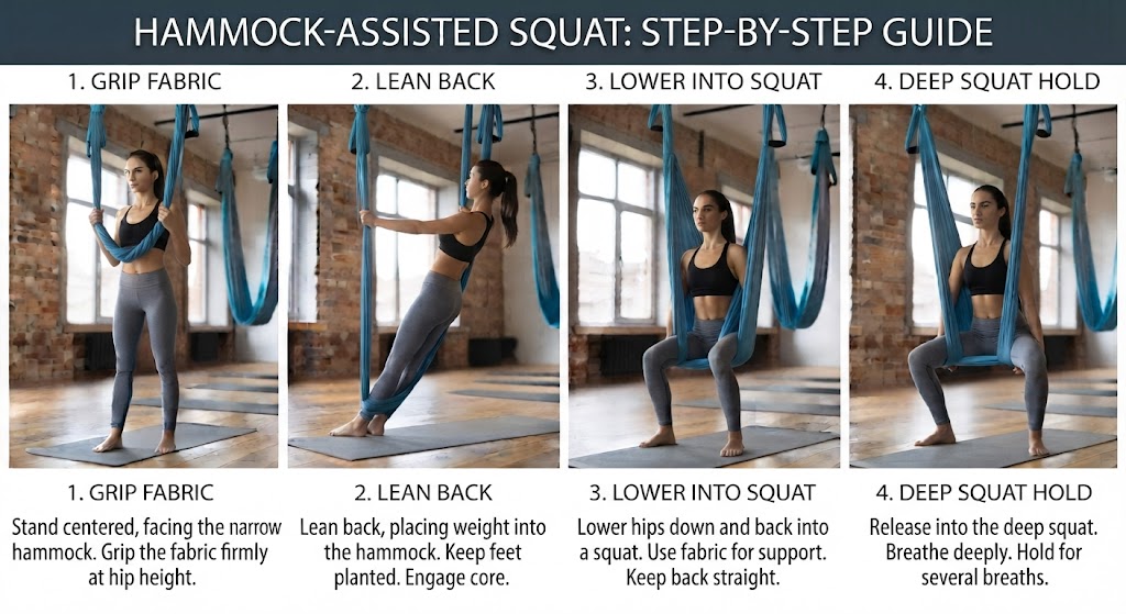 Beginner performing a hammock-assisted squat in aerial yoga