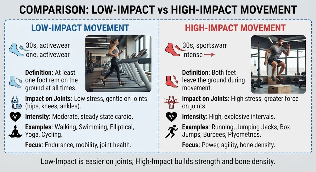 Compare low-impact and high-impact exercises