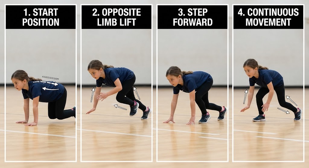 Perform bear crawl form with knees hovering off floor