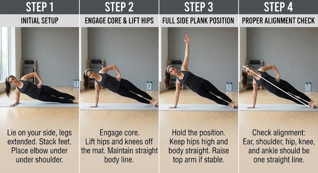 Perform side plank exercise with proper body alignment