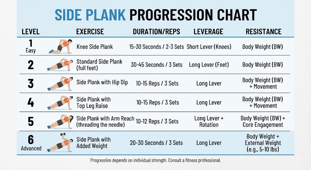 Progress side plank workout with duration and variation changes