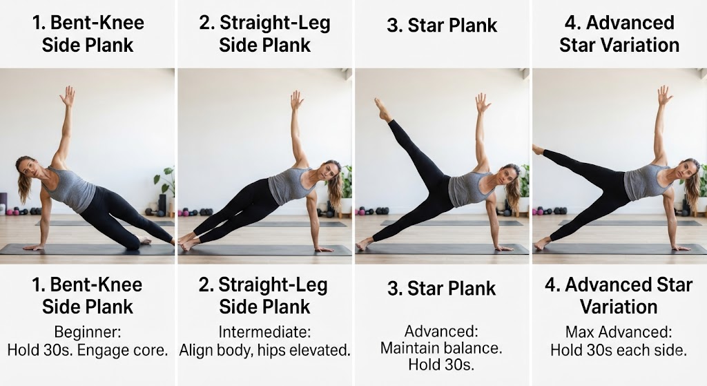 Progress side plank workout from beginner to advanced variations