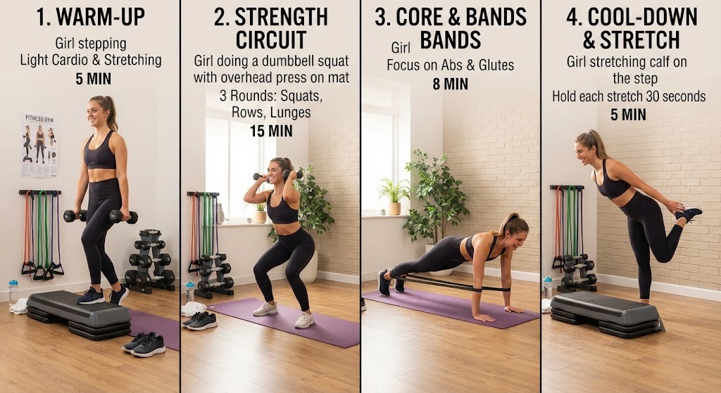 Set up equipment for a home 3-2-1 workout routine"