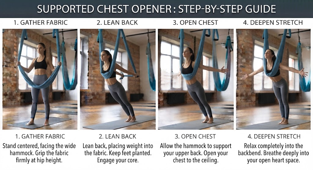 Beginner practicing a supported chest opener in aerial yoga  