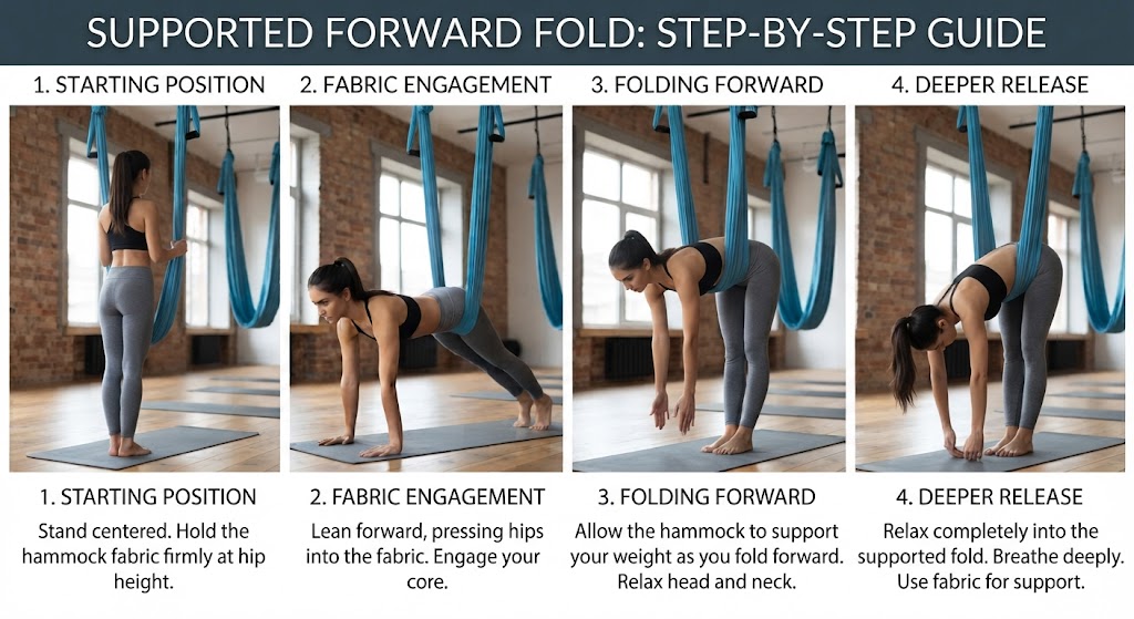 Beginner practicing a supported forward fold with an aerial yoga hammock