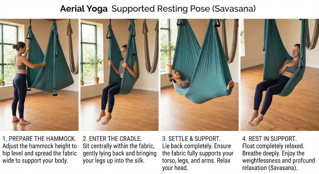 Beginner relaxing in a supported resting aerial yoga pose 