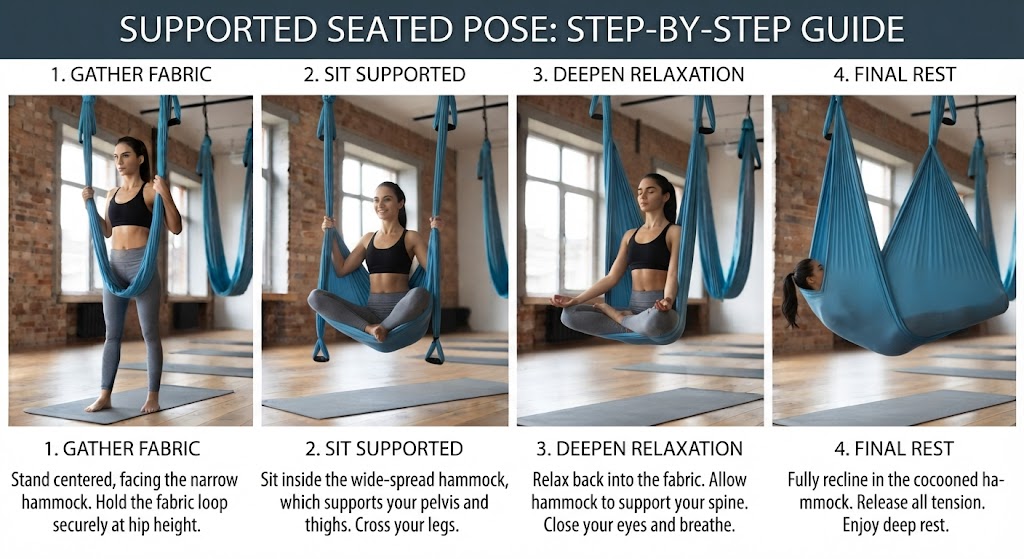 Beginner practicing a supported seated aerial yoga pose in a hammock
