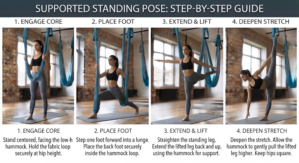 Beginner performing a supported standing aerial yoga pose with a hammock