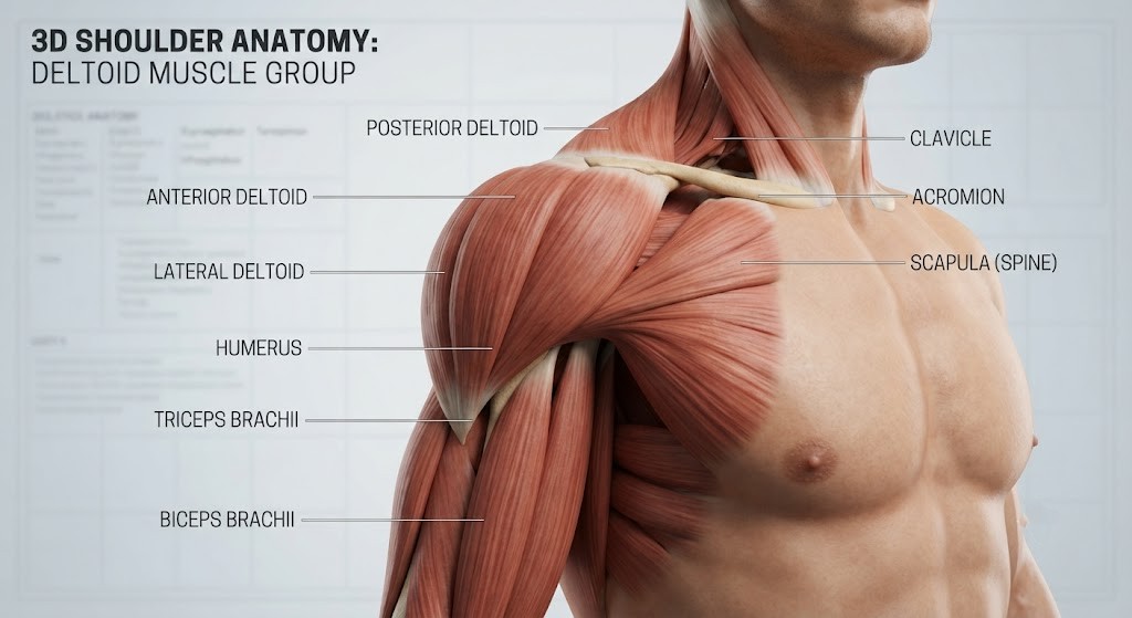 Show three deltoid heads for 3D shoulder development