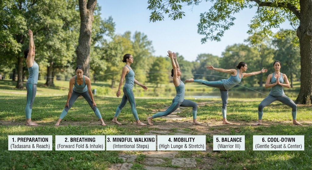 Follow a beginner walking yoga routine step by step