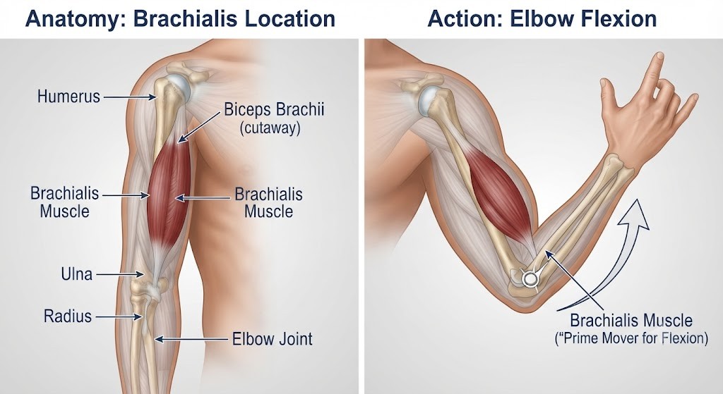 Illustrate brachialis muscle during elbow flexion