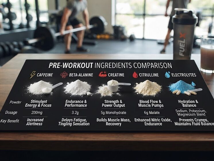Compare caffeine pre workout ingredients and their purposes
