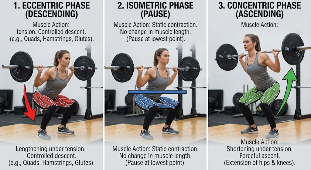 Compare eccentric muscle contraction during squat movement