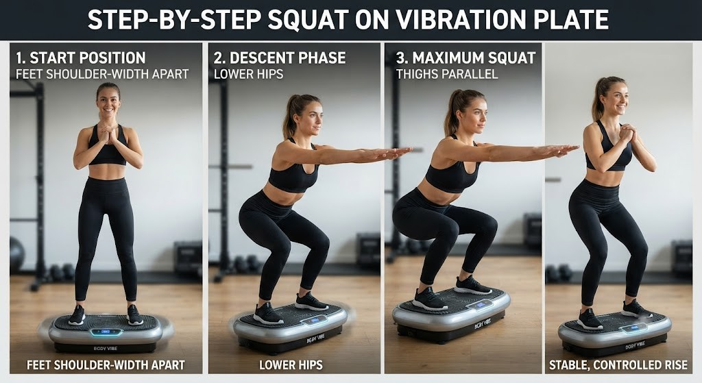 Perform vibration plate squats with proper form