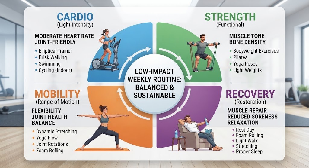 Build a balanced low-impact workout routine
