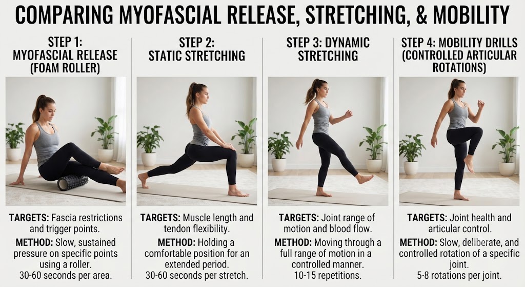 Compare myofascial release exercises with stretching and mobility